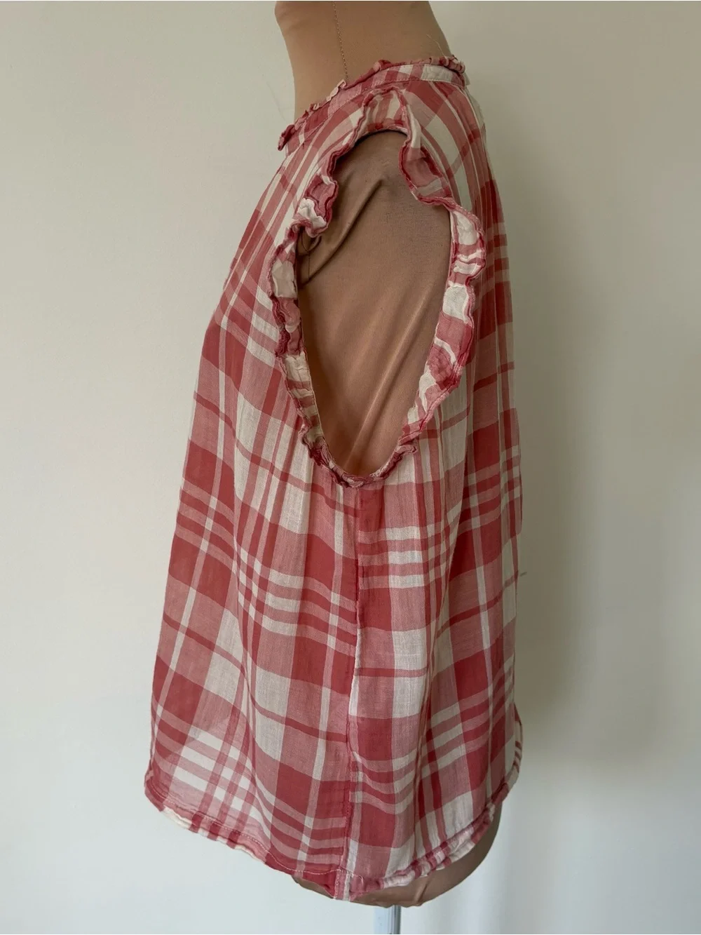 Anthropologie Isabella Sinclair Plaid Red Sheer Cotton Ruffle-Sleeve Top Sz M